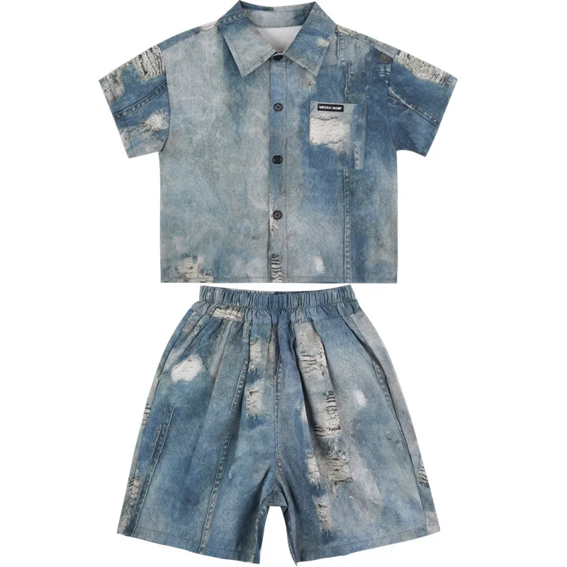 New Summer Toddler 1-9Y Boys Trendy Casual Shirt & Ripped Denim Pants 2PCS Clothing Set for 90-150cm