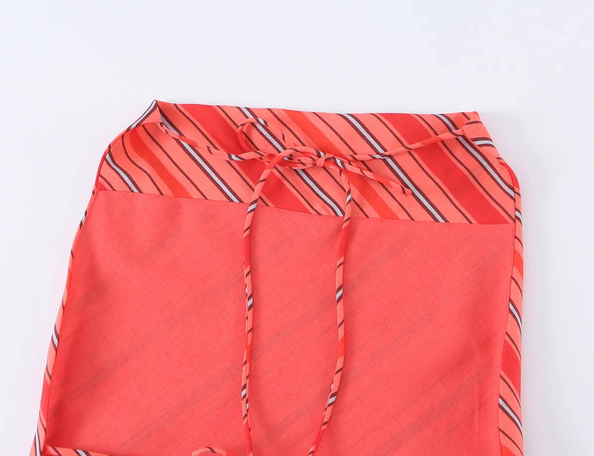 HH Französischer Stil Rot Gestreiftes Neckholder-Minikleid Ärmellos mit Wasserfallausschnitt A-Linien-Sommerkleid Elegantes Sommer-Resort-Strand-Büro-Outfit – Detail 9