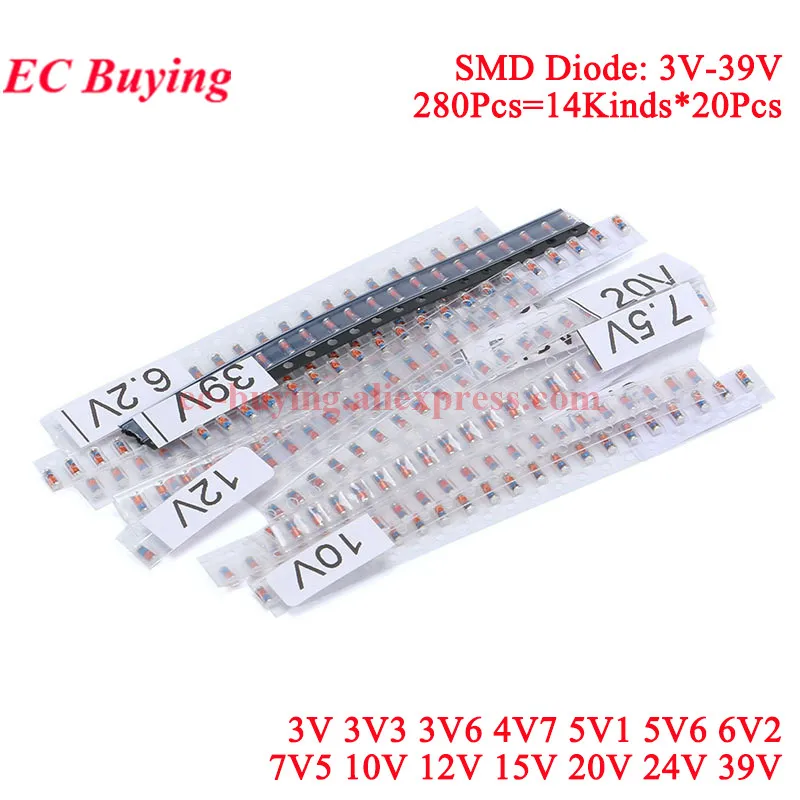 280Pcs-55Pcs Zener Diode Assorted Kit DIY SMD DIP 3V~39V 3V-9.1V 10V~56V 1W LL34 1206 ZMM SM Electronic Components Package Suit
