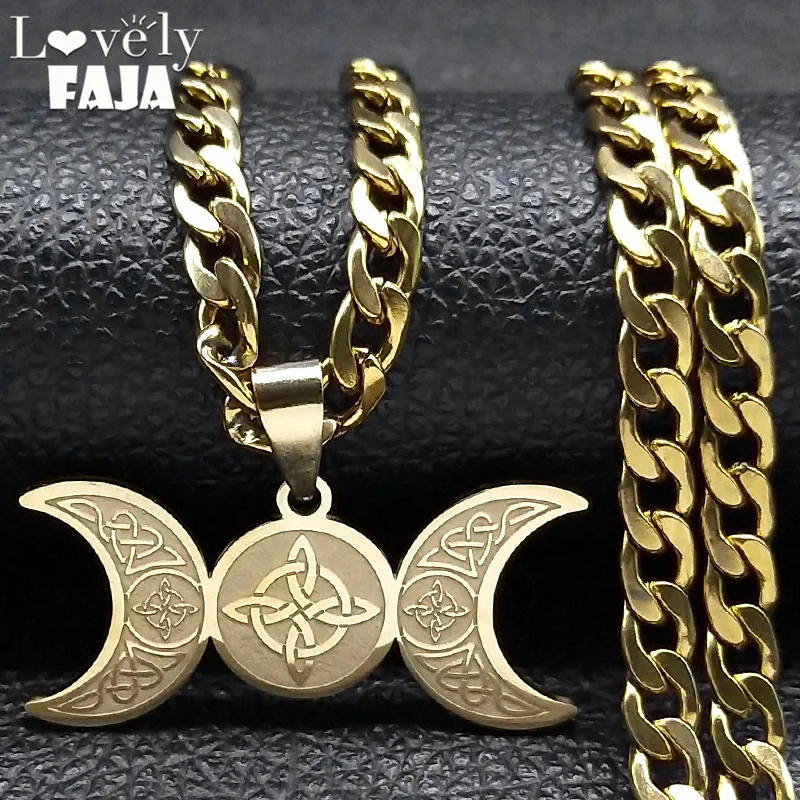 Wicca Triple Moon Crescent Goddess Witch Celtic Knot Necklace for Women Men Stainless Steel Aesthetic Jewelry Gift N3007S03