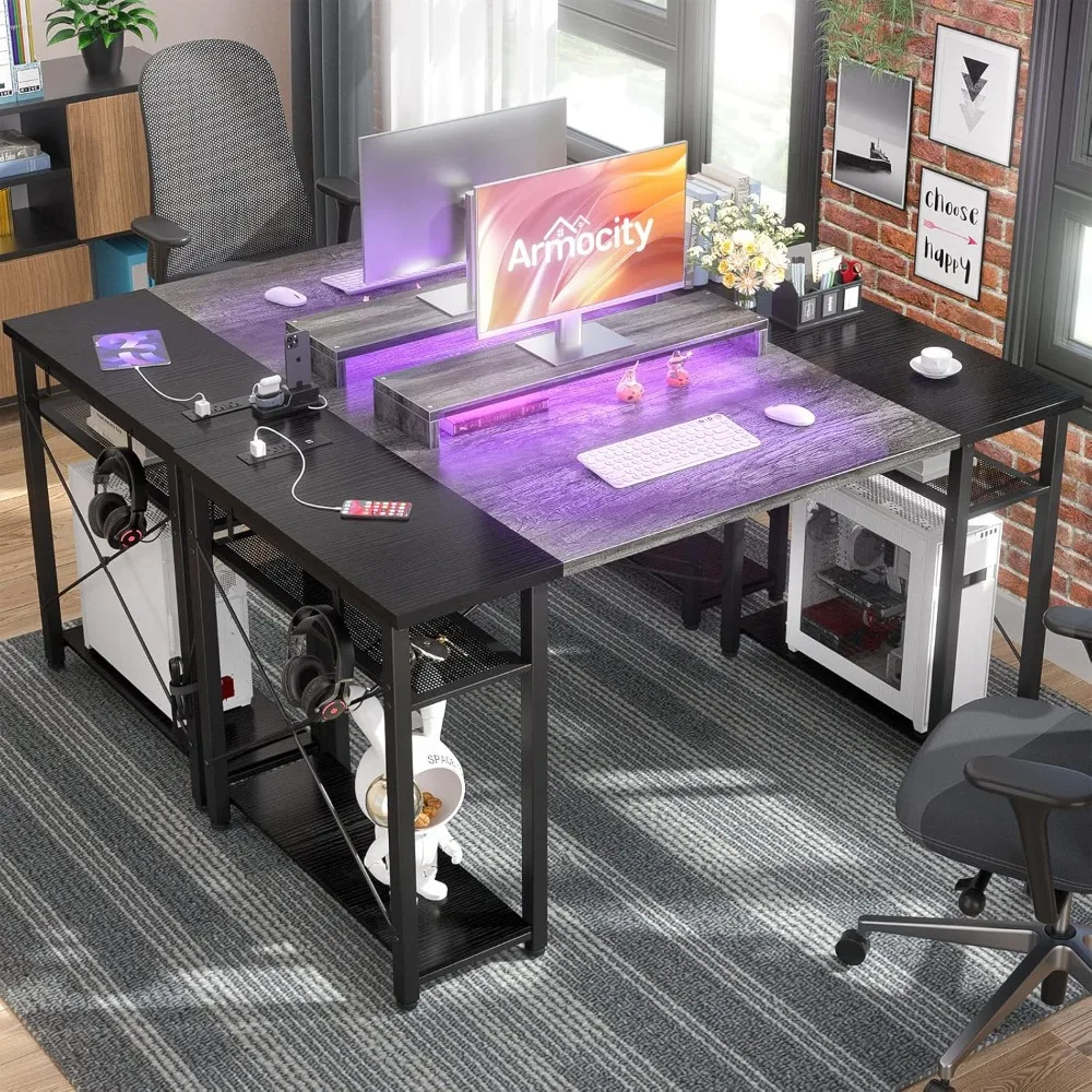 

Computer Desk with LED Lights, 55 Inch Desk with Power Outlet and USB, Reversible Large Desk with Moveable Monitor Stand
