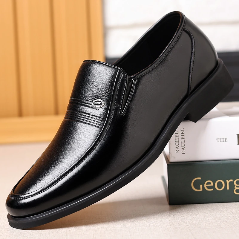 Autumn Black Genuine Leather Slip On Loafers Formal Business Casual Office Groom Wedding Daily Wear Dad Shoes Simple One Kick