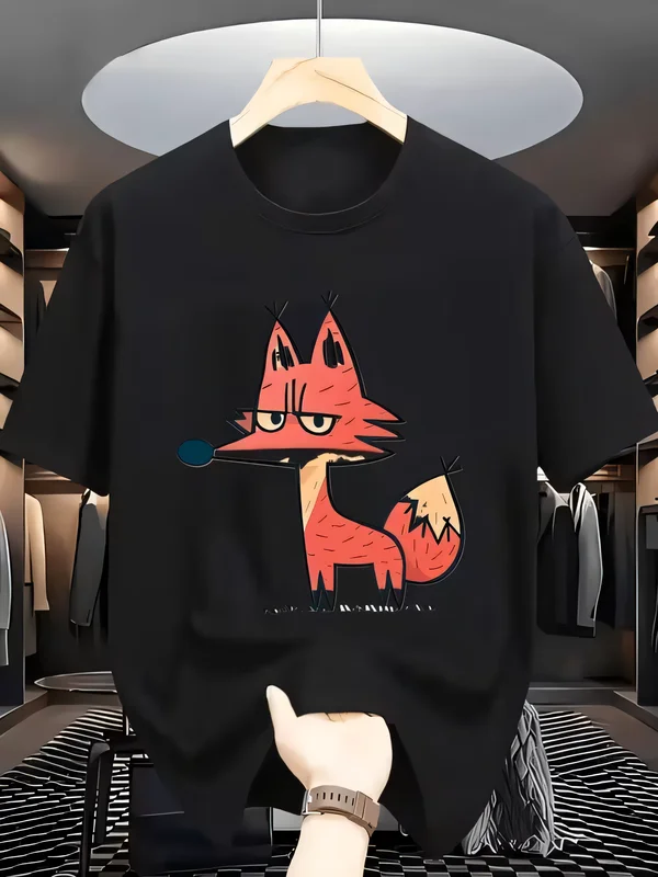 Cartoon Fox Print T-shirt Summer Casual Short Sleeve Crew Neck Wild Fox Graphic Tee For Men Women Streetwear Clothing