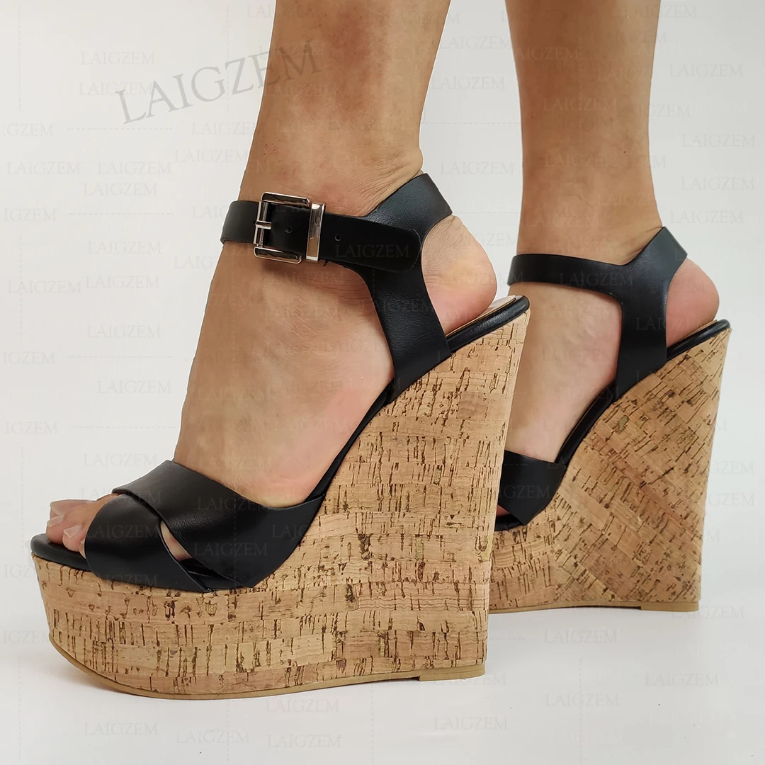 

LAIGZEM/женские сандалии на платформе, туфли-лодочки на высоком каблуке из искусственной кожи, увеличивающие рост, женская обувь, большой размер 38, 43, 45, 47