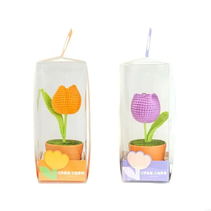 62KD Hand Knitting Potted Flower Tulips Crochet Flower Home Car Interior Accessories