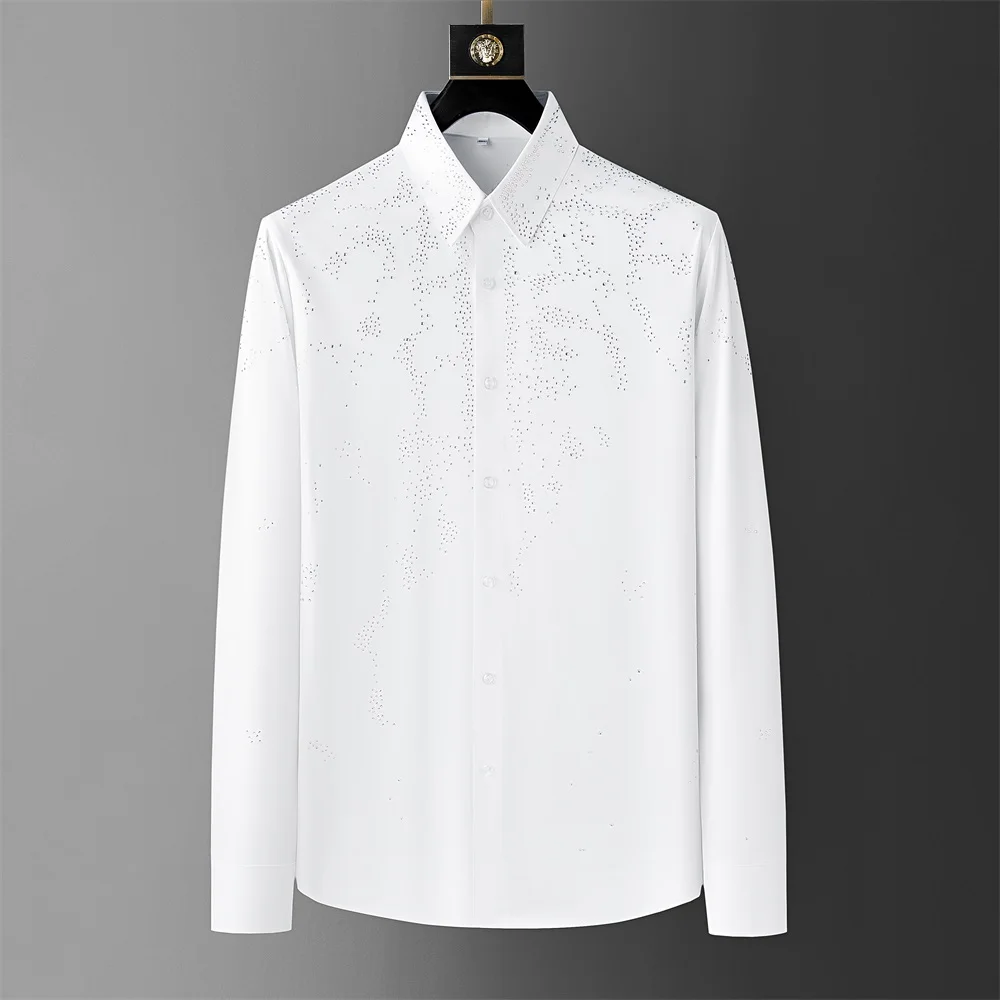 Brand Rhinestone Men's Shirt Shine Long Sleeved Casual Business Dress Shirts Slim Fit Social Party Stage Performance Costumes