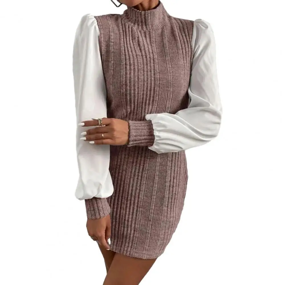 

Spring Women Dress Slim Patchwork High Collar Ribbed Long Sleeve Contrast Color Sheath Tight Waist Above Knee Mini Dress