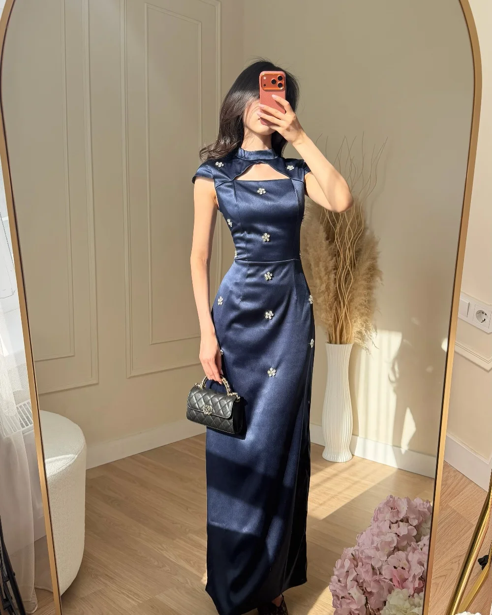 Customized Navy Blue Exquisite Sizes Available Pleat Crystal Straight High Collar Floor-Length Evening Dresses Sizes Available