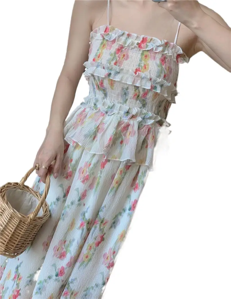 Zoet meisje print bloemen ruches lange jurken vrouwen zomer elegante stijlvolle chique spaghetti jurk strapless vestidos s-3xl