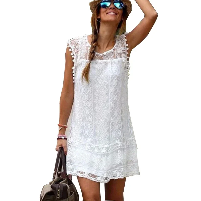 Summer White Women Dress 2024 Casual Sleeveless Beach Short Dress Female Sexy Tassel Mini Lace Dress vestidos de tricô femenino