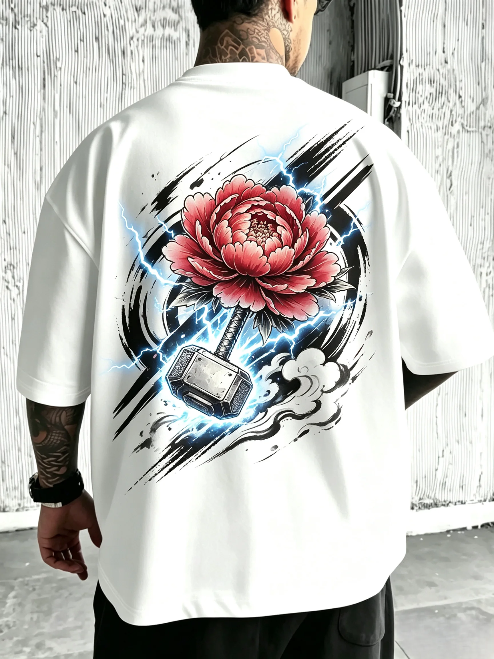 Unisex Red Peony Mjolnir Lightning Cloud Ink Brush T-Shirt Men Women Oriental Floral Back Print Tee Harajuku Oversized Loose Streetwear Short Sleeve Tops
