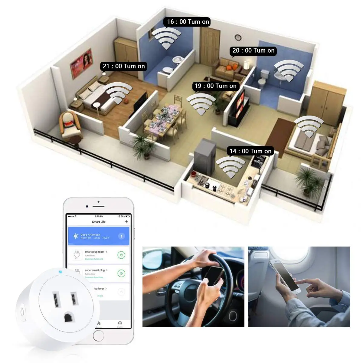 Tuya U.S.-Standard Smart WiFi Plug 10A, with Timer Function, Voice Control, Compatible with Alexa and Google Home