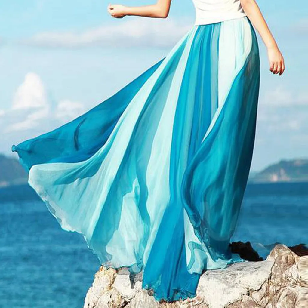 

Summer Beach Elegant Long Maxi Skirts Fashion Women Casual Loose Skirt Flowing Color Matching Bohemian Skirts Jupe Femme