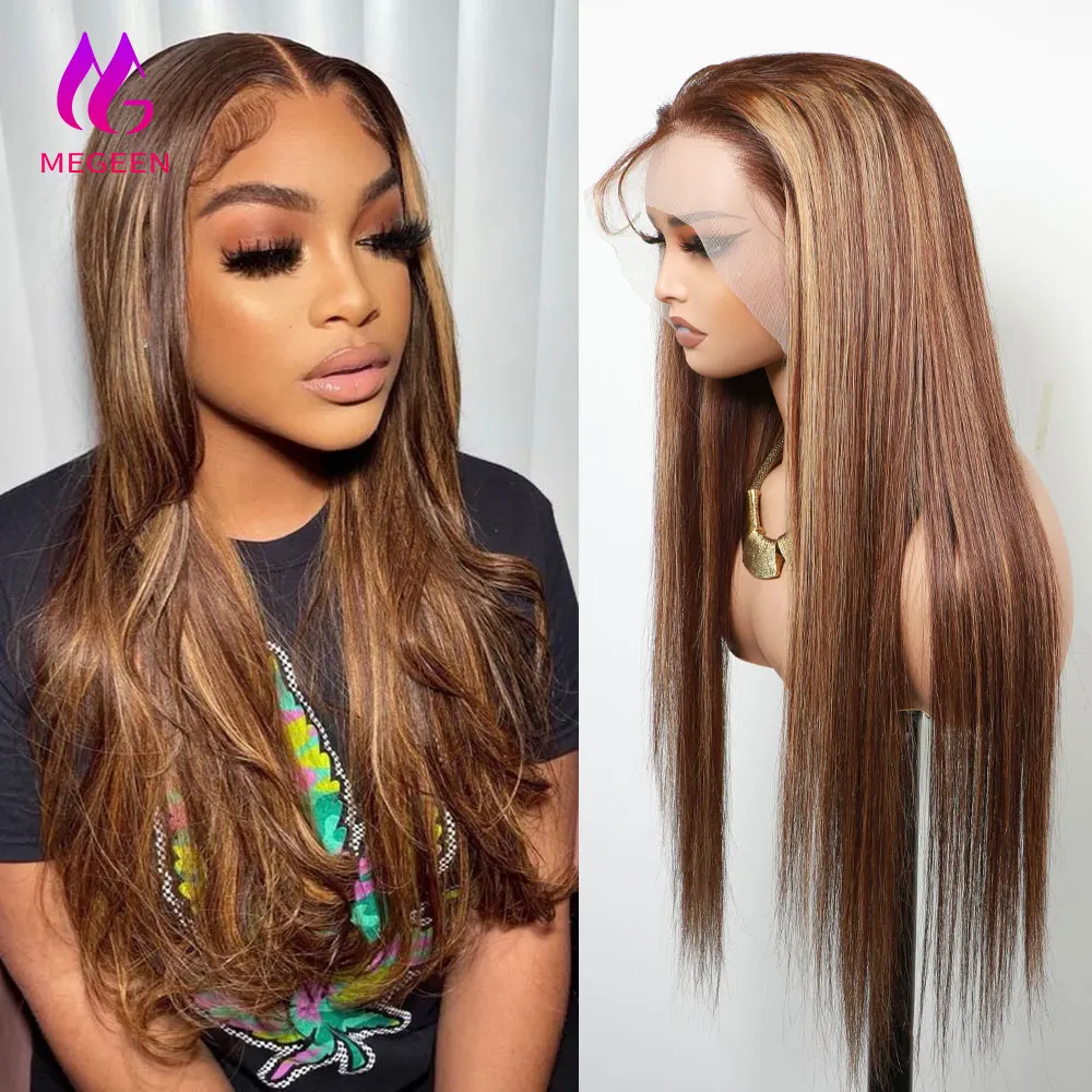 

Megeen 100% Human Hair Highlight P427 Colored Straight 13X4 Lace Front Wig Human Hair Pre Plucked Honey Blonde Lace Front Wig