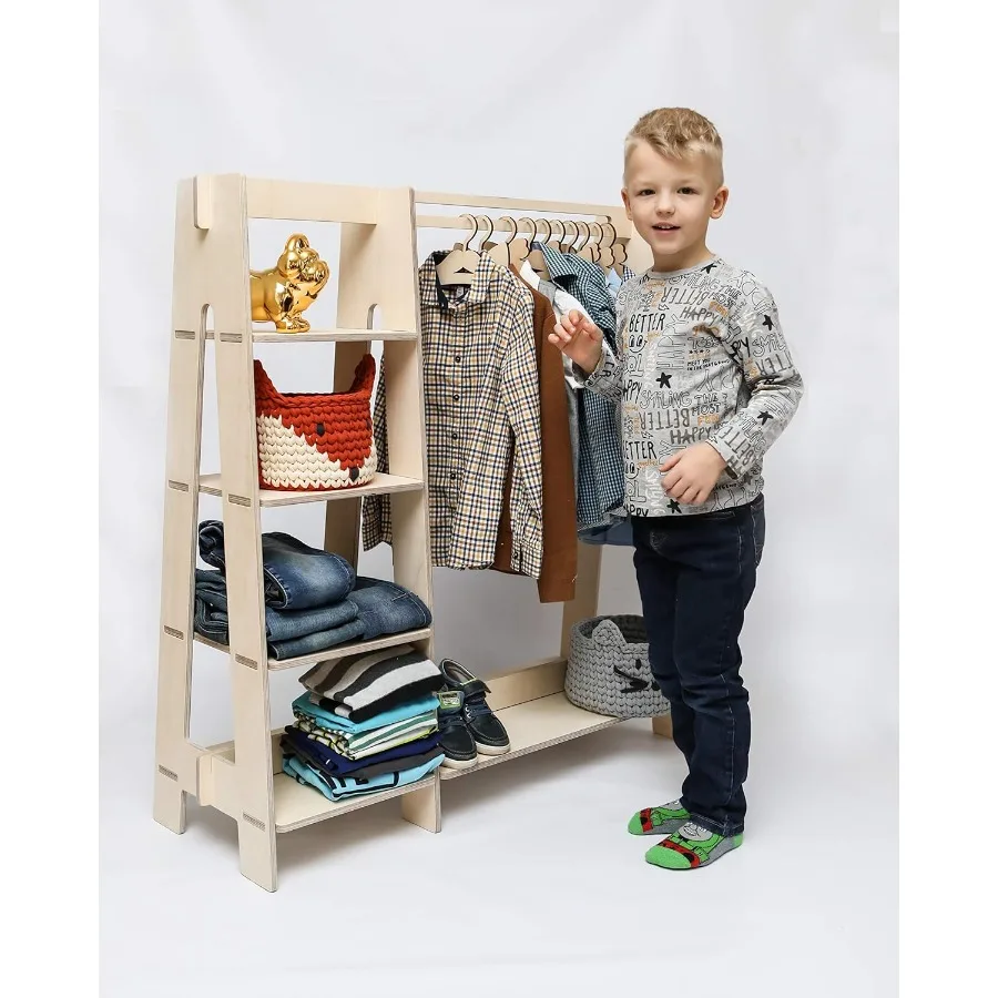 خزانة ملابس - رف ملابس خشبي مع رف عرض حاجز معلق لـ - خزانة مفتوحة لأثاث الملابس بنفسك لسهولة التجميع