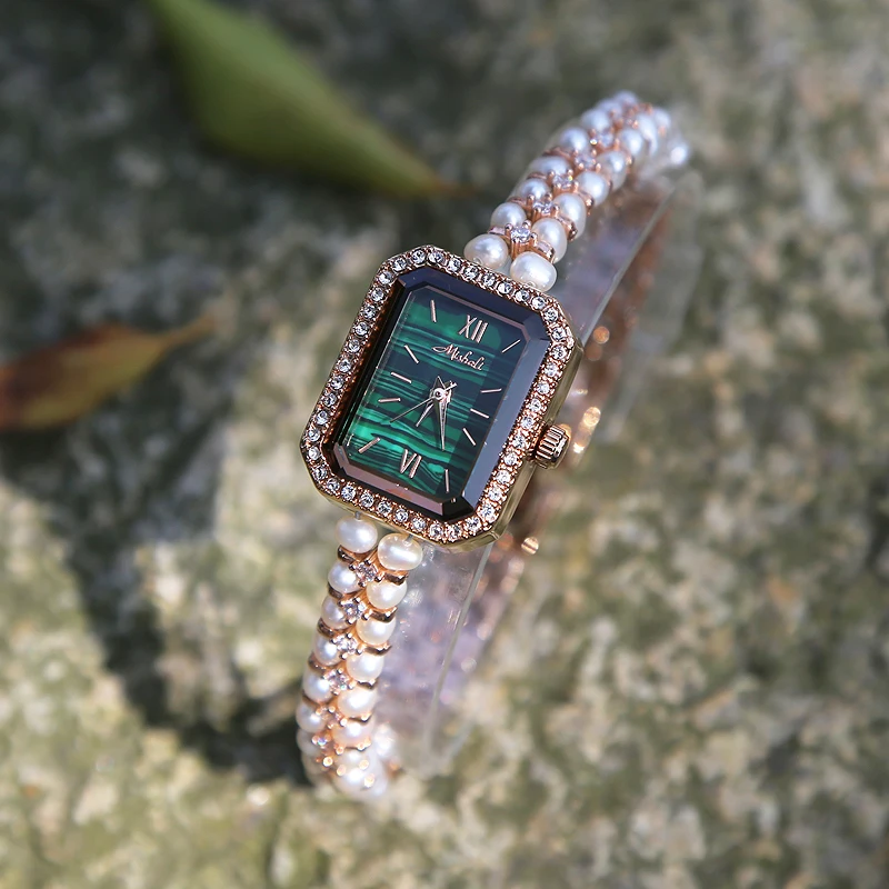 

Women's square watch with elegant green dial, natural pearl bracelet, a sophisticated and understated luxury gift for women.