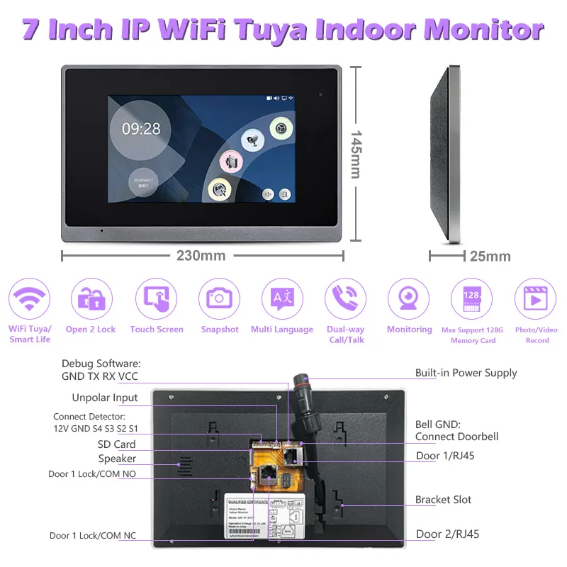 Tuya campainha de vídeo à prova d'água, interfone inteligente, câmera do telefone, 7 Polegada, wi-fi, monitor preto, um botão para ligar para campainha, popular