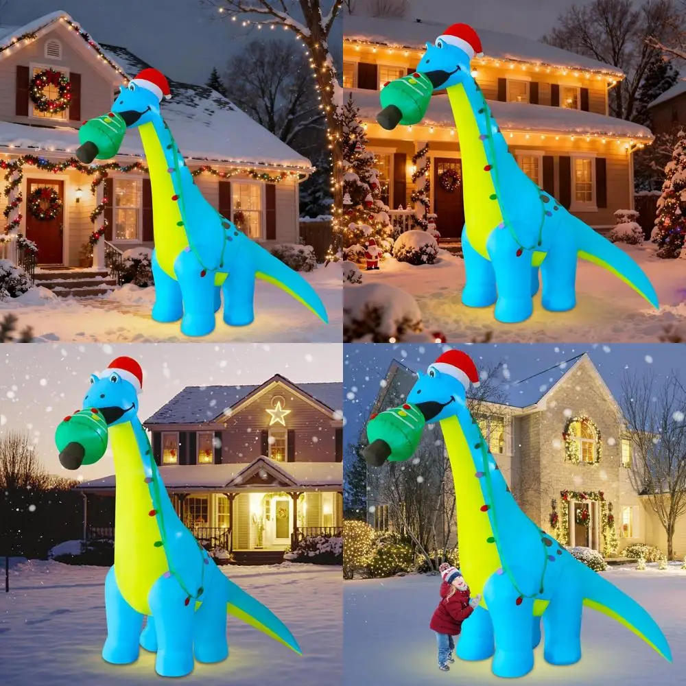 

Гигантский надувной рождественский динозавр с шляпой Санты, светящееся праздничное украшение на открытом воздухе для двора и лужайки