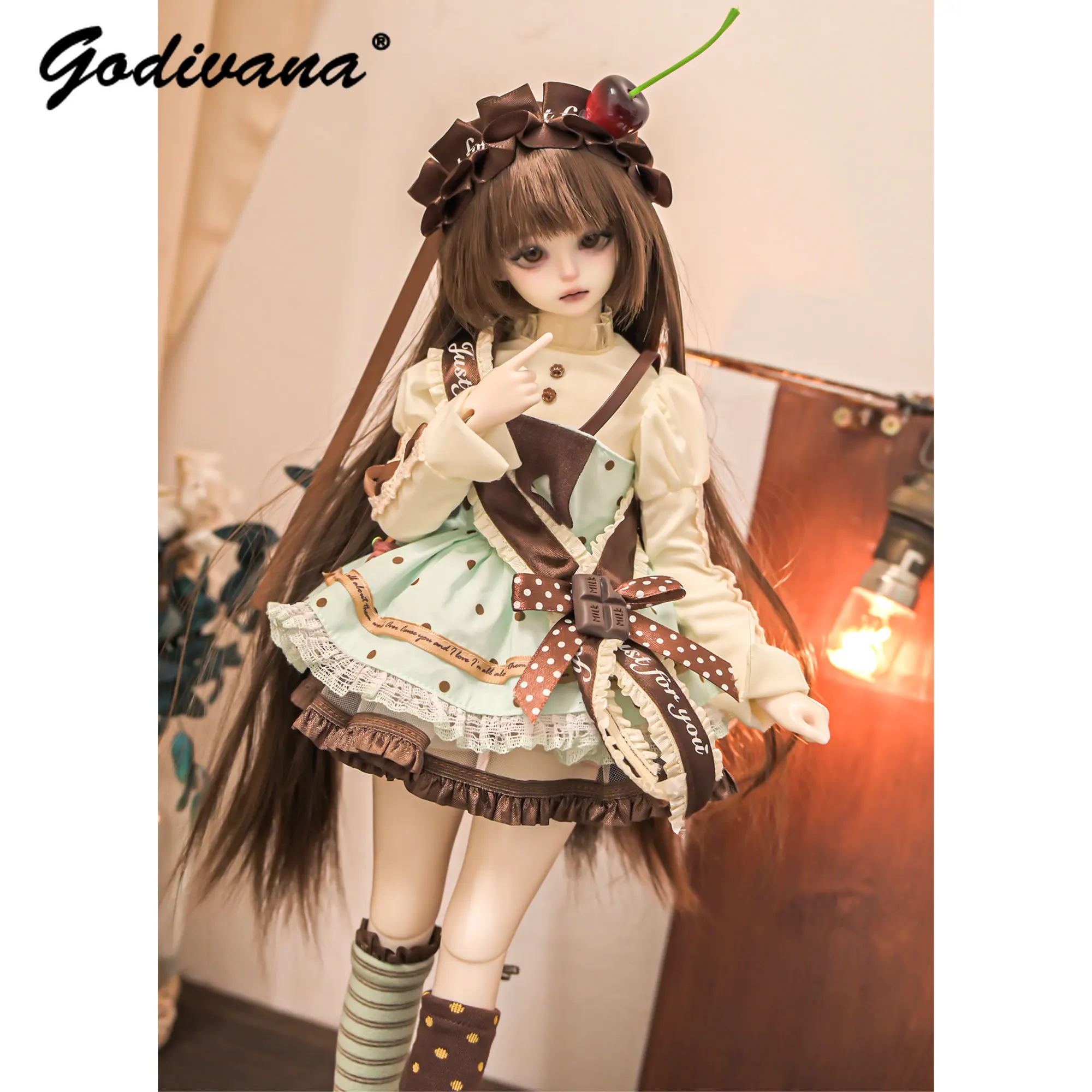 1/4 BJD Doll Clothes Sweet Lolita Dress Set Puff‑Sleeve Blouse Polka Dot Apron Cherry Bow Headwear Sash Decor for Regular 1/4