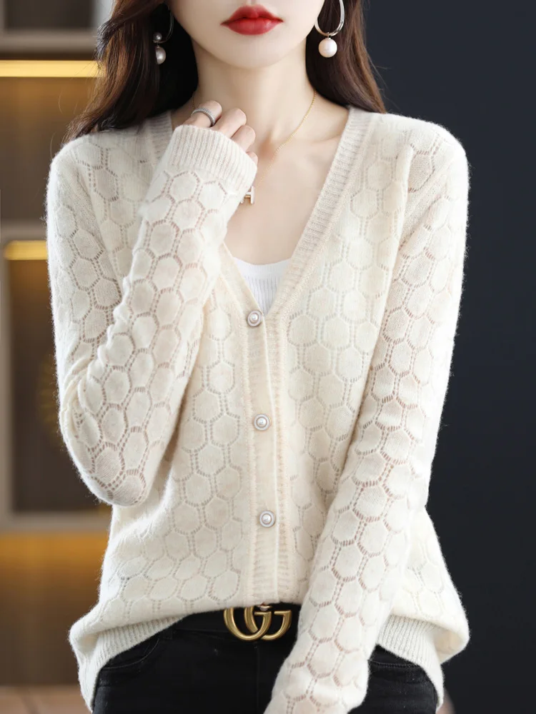 2023 Fashion 100% Merino Wool Jersey Tops Women Knitted Sweater V-Neck Full Sleeve Cardigan Spring Autumn Clothing Traf Knitwear