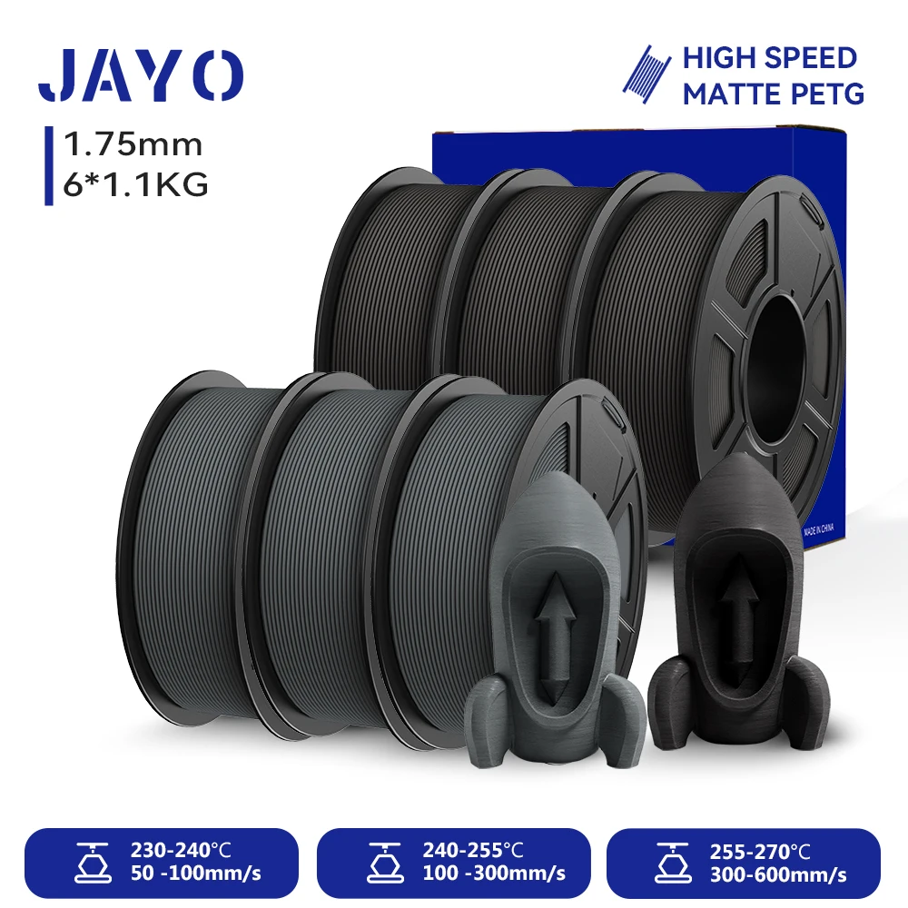 JAYO PETG 3D-Filament 1,75MM Hochgeschwindigkeits-Mattes PETG 3D-Drucker-Filament 6 Rollen High-Flow Speedy Matte Effekt 3D-Druckmaterialien