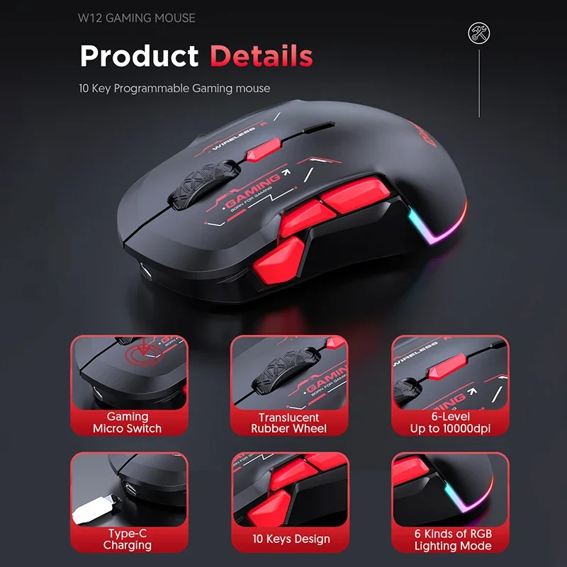 Esports Wireless Gaming Mouse,10-Key Macro,2.4G/Bluetooth/Wired Tri-Mode,10000 DPI,RGB Backlight,Type-C Rechargeable,For Laptop