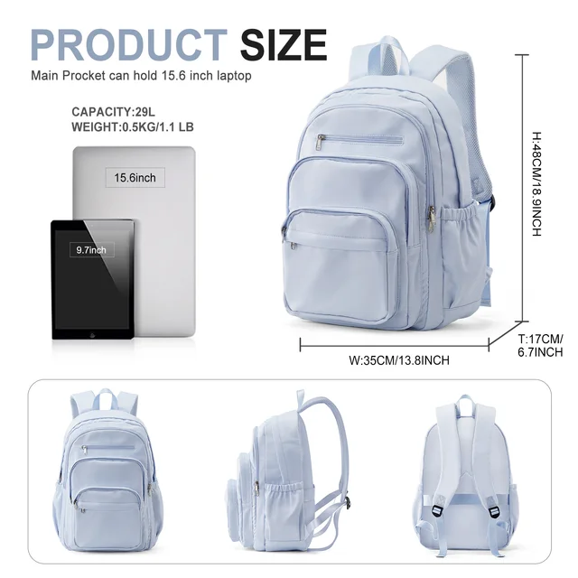 Casual Nylon Backpack, Backpack for Women, Multi-Pocket Design in Light Blue Durable for School, High School and College Bookbag 2