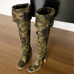 New Camouflage Denim Super Long Boots 34-42 Sewing 7cm Thick Heel Folding Over-the-Knee Boots Denim Blue Knee-High Women's Boots