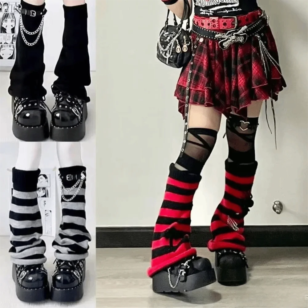 Japanese Style Harajuku Knit Leg Warmers Slouchy Knit Striped Leg Warmers Socks Loose Chain Stacked Boot Socks Streetwear Style