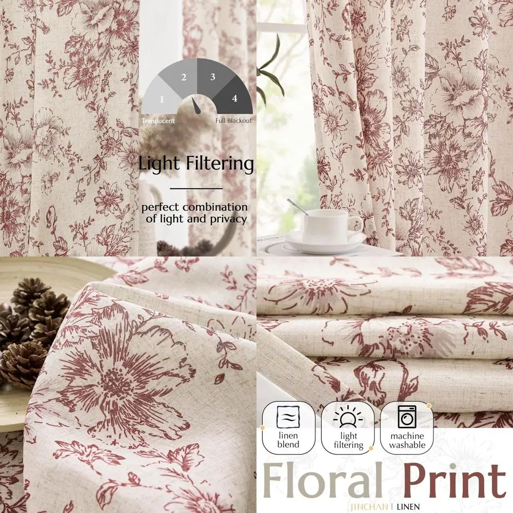 

Red Peony Floral Linen Blend Curtains, 90 for Living Room, Farmhouse Style, 2-Panel Set with Rod Pocket and Back Tab