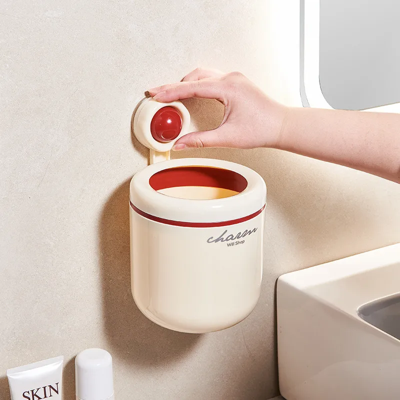 

Plastic Circular Garbage Bin Suction Cup Wall Mounted PET Pressure Ring Simple Bathroom Small Box Desktop Paper Scraps Basket