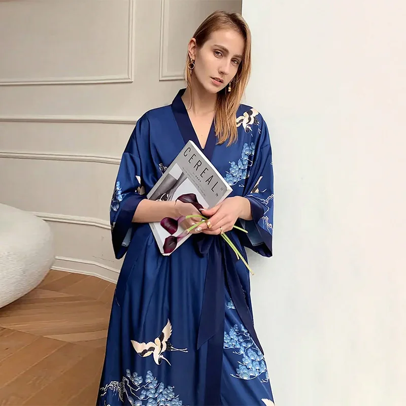 

New Chinese-Style Ancient Crane Print Mid-Length Loose Robe Cardigan Feather Jacket Summer Tie-Up Yukata Nightgown Outdoor Cover-Up