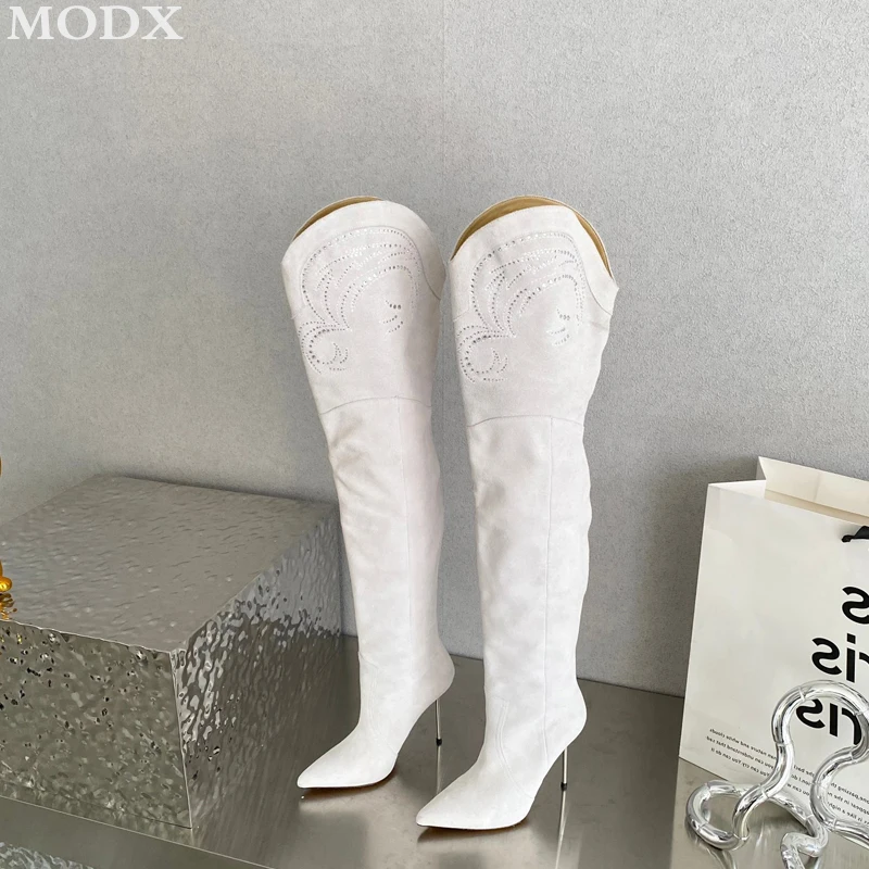 Embroidered Rhinestone Over The Knee Boots Niche Brands Fashion Metal Stiletto Slim Elegant Simple Real Leather Western Boots