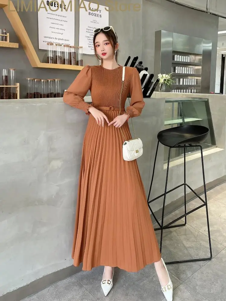 

New Spring Summer Dress for Women Solid Round Neck Elasticated Waist Long Sleeve Pleated White Dress Streetwear Women's Dresses