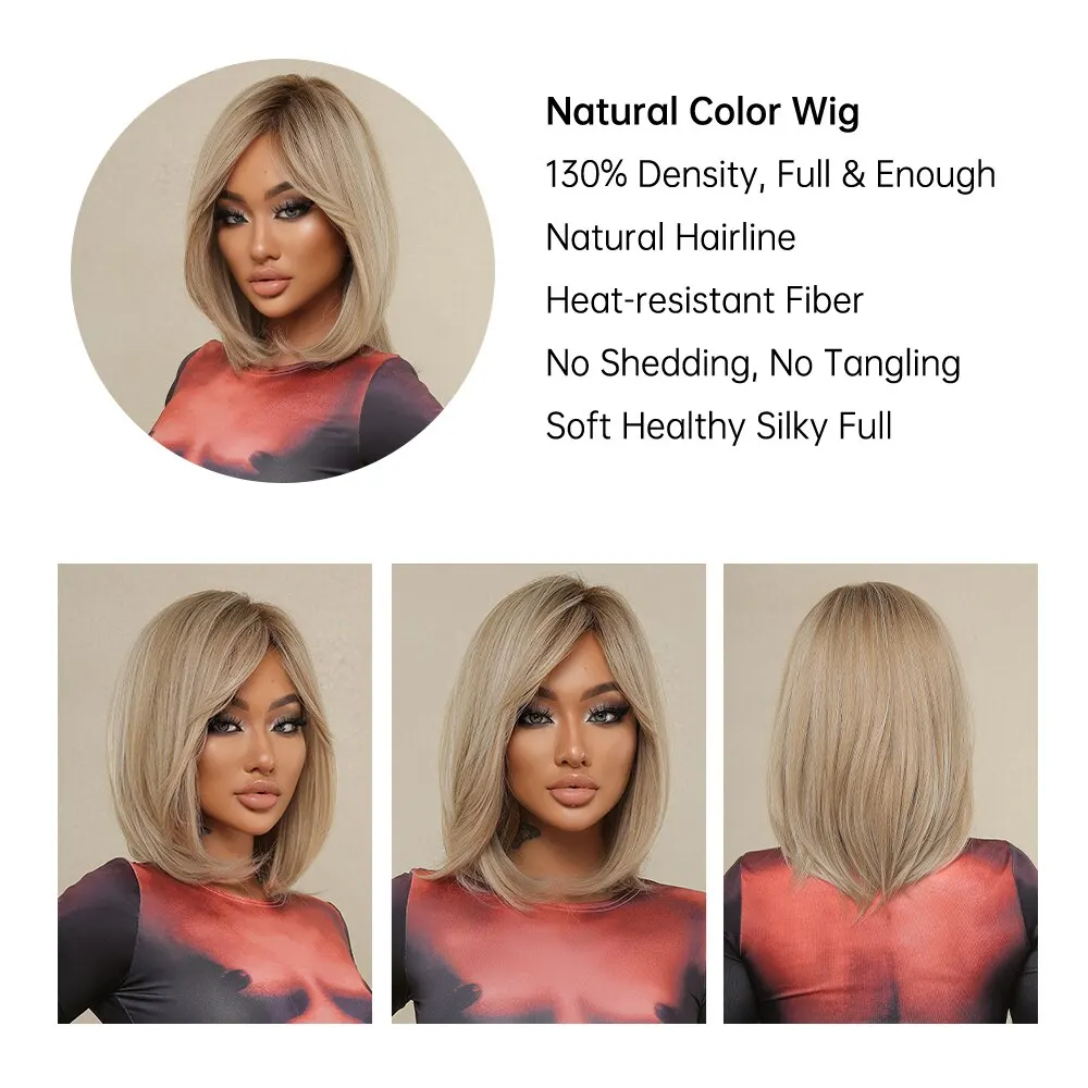 Short Straight Bob Wigs For Black Women Blonde Wigs With Bangs Dark Roots Hair Replacement Heat Resistant Lolita Cosplay Wig