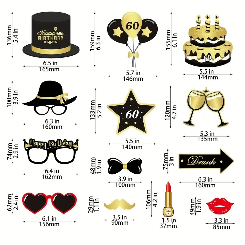 34pcs Black Gold Birthday Photo Props for 60th Birthday Boys and Girls Party Decoration Props