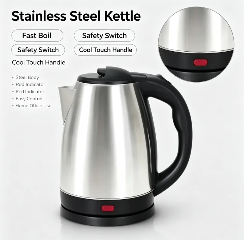 Premium 2L Stainless Steel Electric Kettle, Fast Heating Water Boiler for Tea, Coffee & Beverages, Home Electric Water Heater