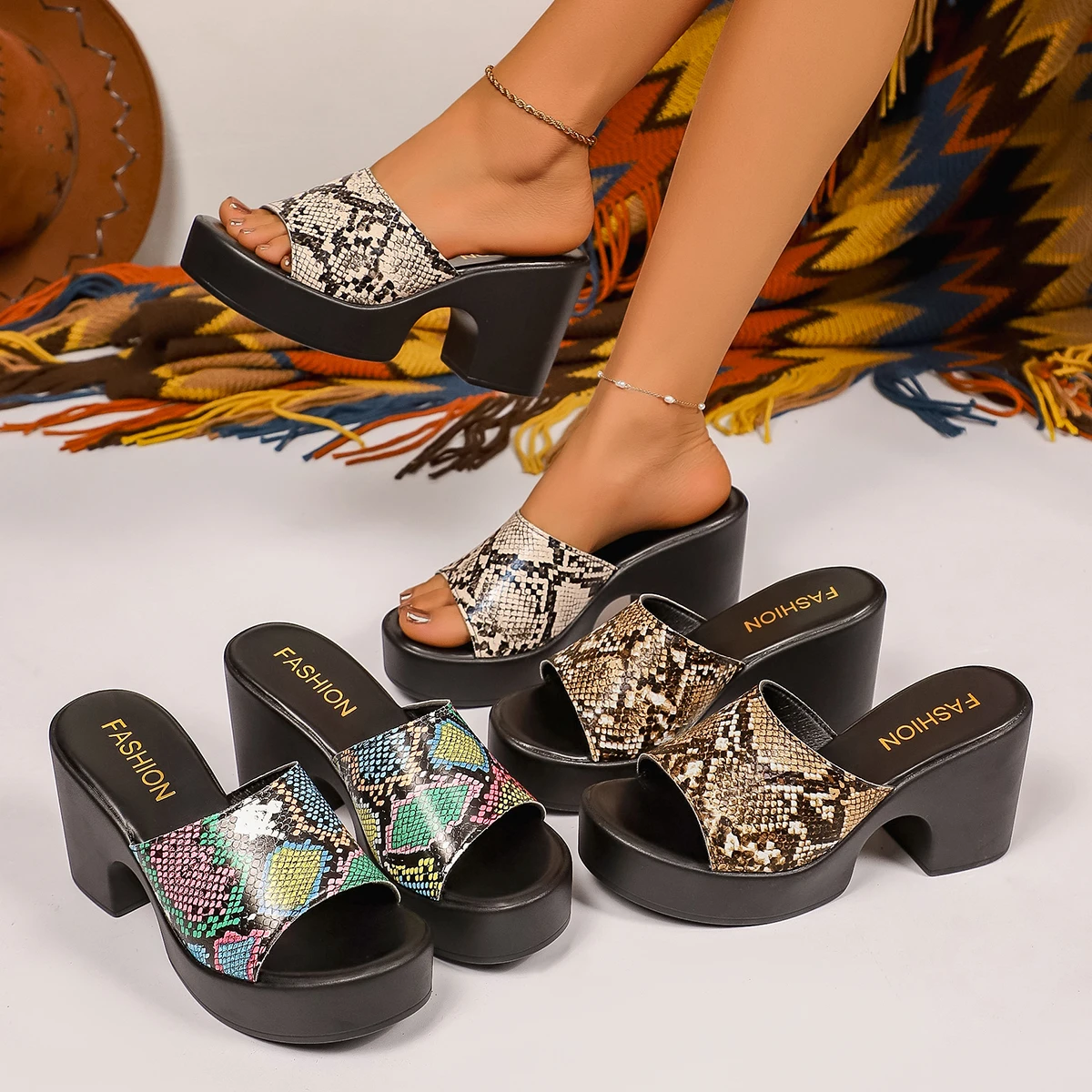 Women Sandals Sexy Snake Print High Heels Sandals Women Chunky Platform Summer Outdoor Slippers Plus Size Thick Heeled Shoes