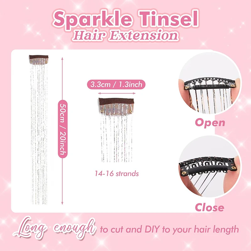 Synthetic Heat Resistant Shiny Sparkle Hair Tinsel 12Pcs Clip Hair Tinsel Clip in Glitter Tinsel Hair Extensions for Women Girls