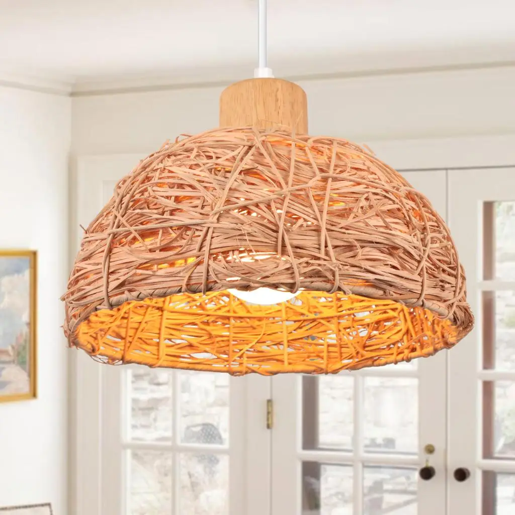 

Nordic Rattan Woven Pendant Light Shade Vintage Industrial Wicker Rattan Hanging Lamp Wood Ceiling Chandelier Lighting Fixture