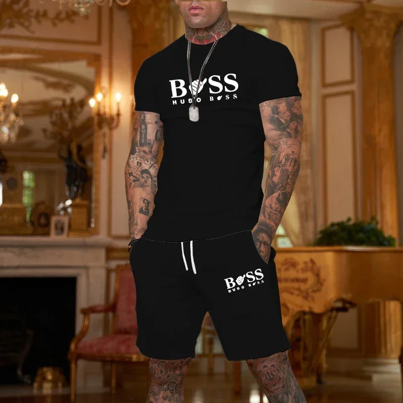 

2025 model short-sleeved crew-neck 100% cotton men's breathable and quick-drying two-piece set for summer sports, fashionable, h