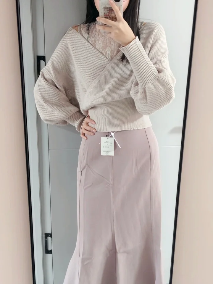 SOIOMES Female Japanese Sweet Lace Collar Slimming Off Off Shoulder Sleeves Pure Desire Knitted Sweater Fake Two-piece Sweater