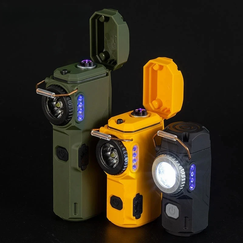 New Dual Arc Windproof Electric Lighter Portable Lighting Flashlight Metal Type-c Fast Charge Pulse Lighter Outdoor Camping Tool