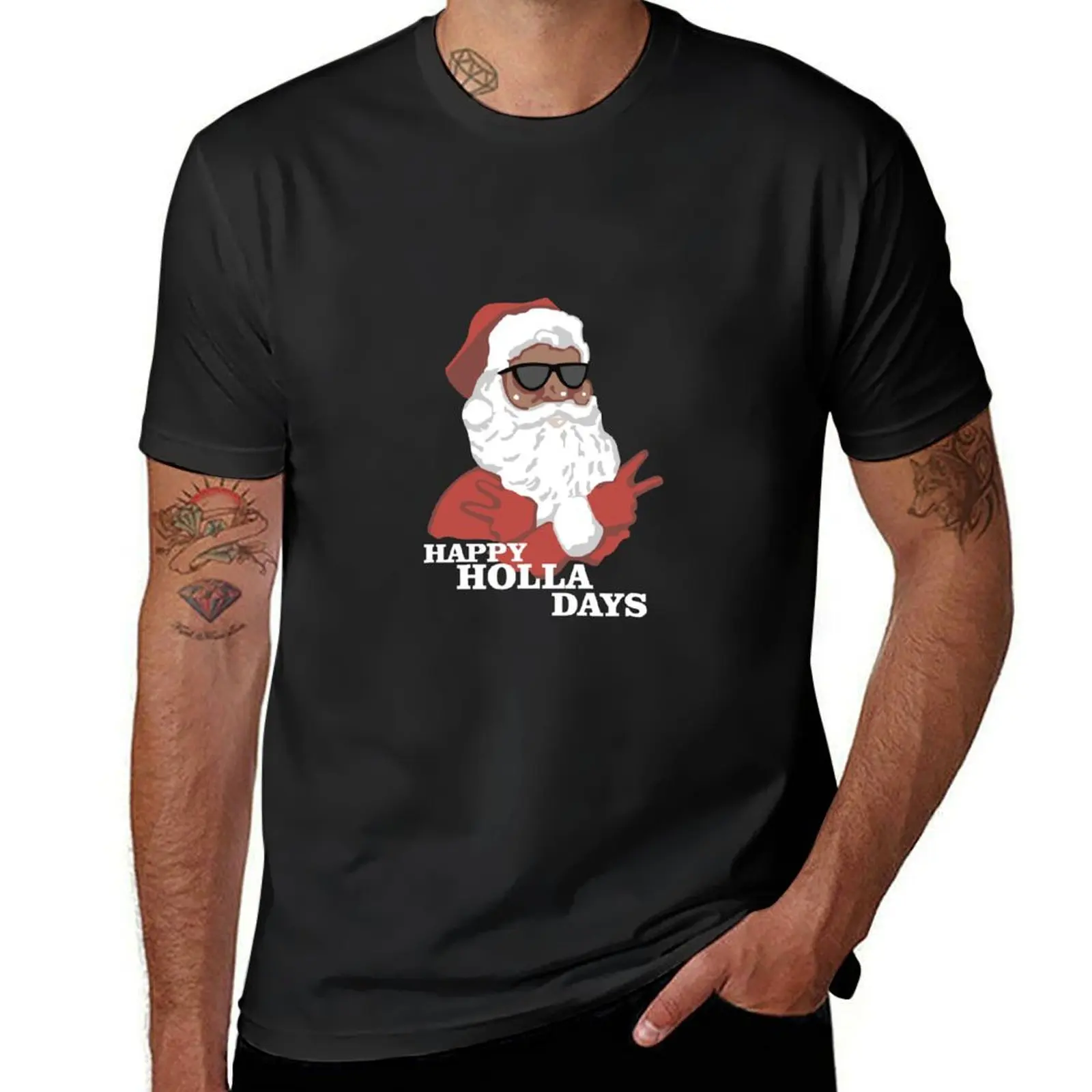 Christmas Happy Holla Days African American Santa Hoodie T-Shirt Short sleeve tee anime clothes Men's cotton t-shirt