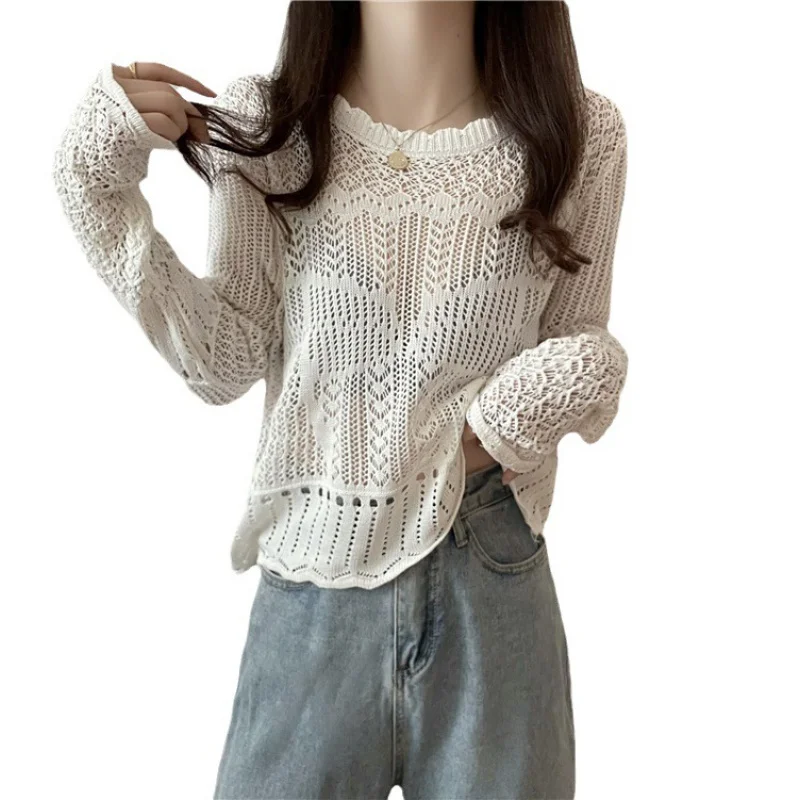 Spring and Summer Casual Hollow Crocheted Sweater Long-sleeved Top Women\'s Retro Japanese Style Sweet Design Niche Knitwear