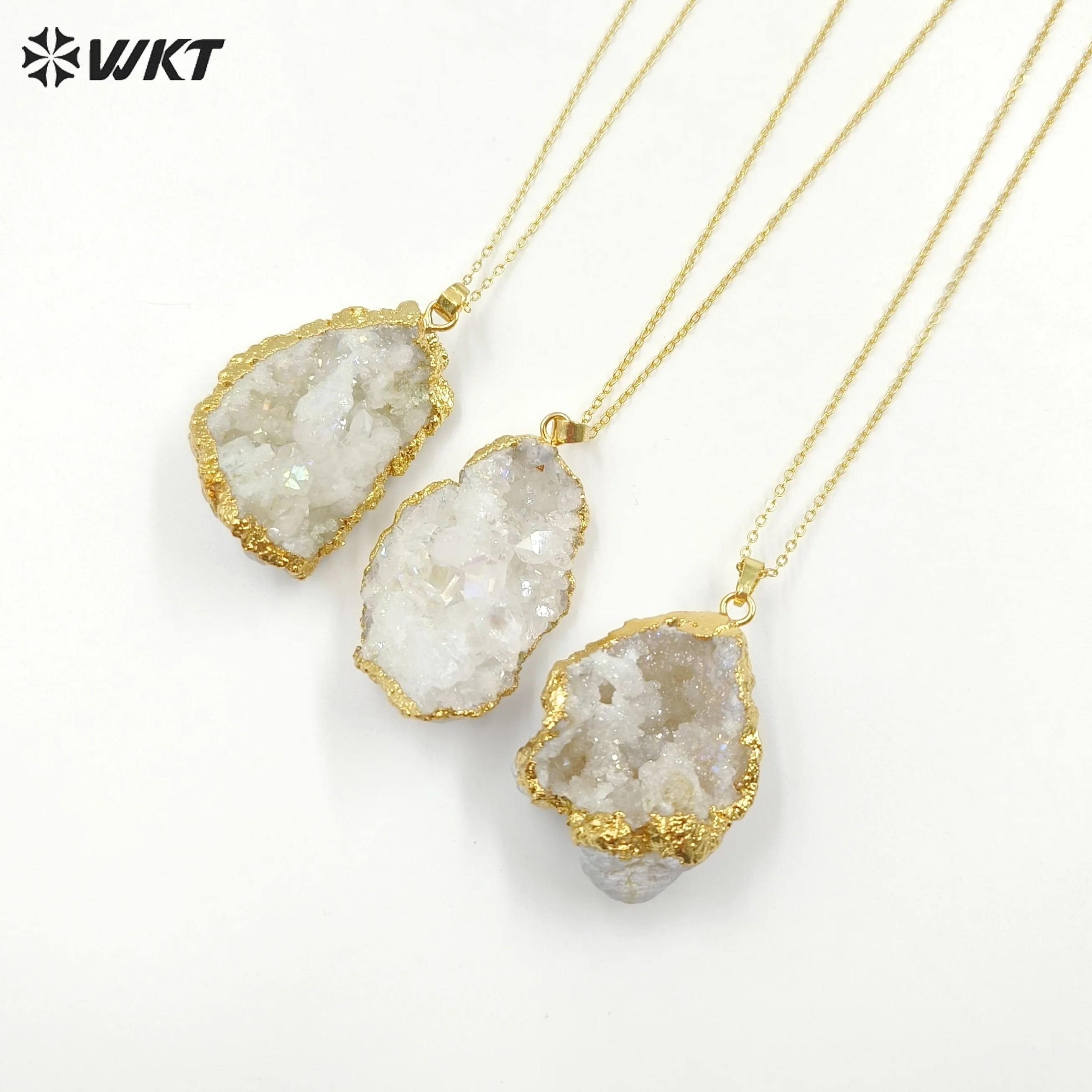 

WT-N336 Natural Geode Druzy White Crystal Quartz Hole Pendant And 18k Gold Plated Special Stone Fine Jewelry Necklace