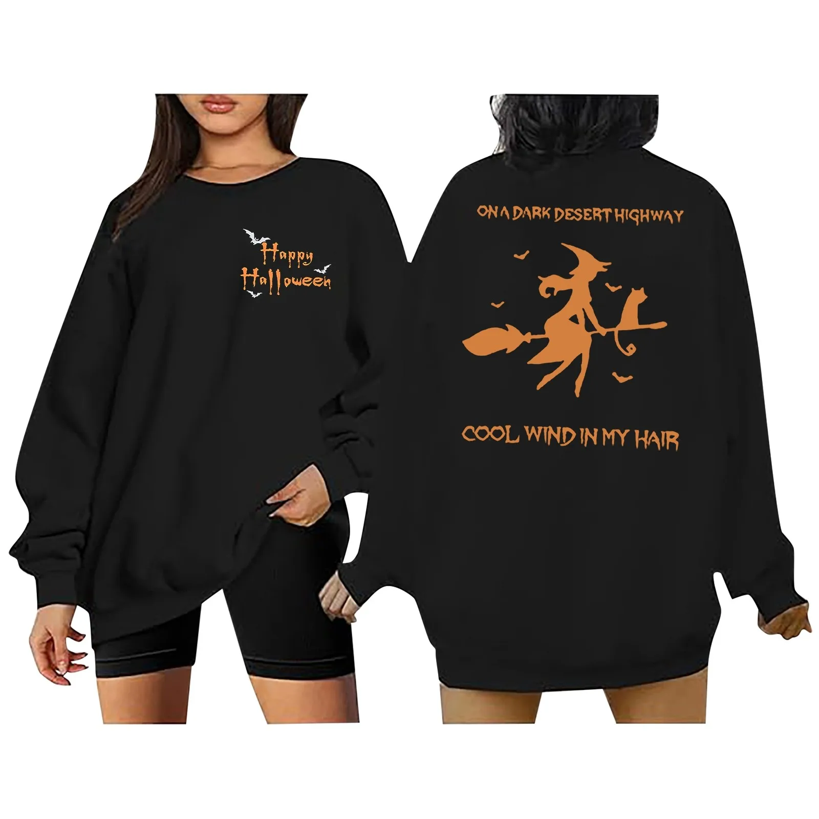 Women's Hoodless Sweatshirt Streetwear Casual Crew Neck Pullover Happy Halloween Witch Print Hoodie Women Sweatshirt 2024