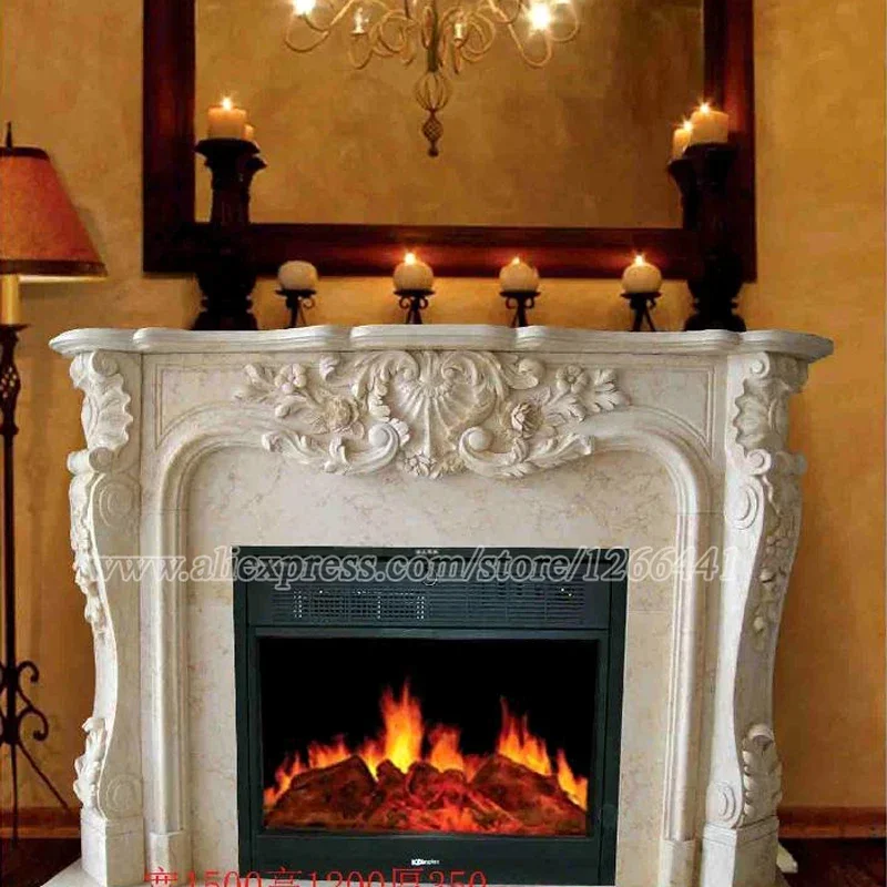 Decorative Fireplace Set European Style Custom Made Carved Natural Stone Mantel Electric Fireplace Insert LED Optical Flame