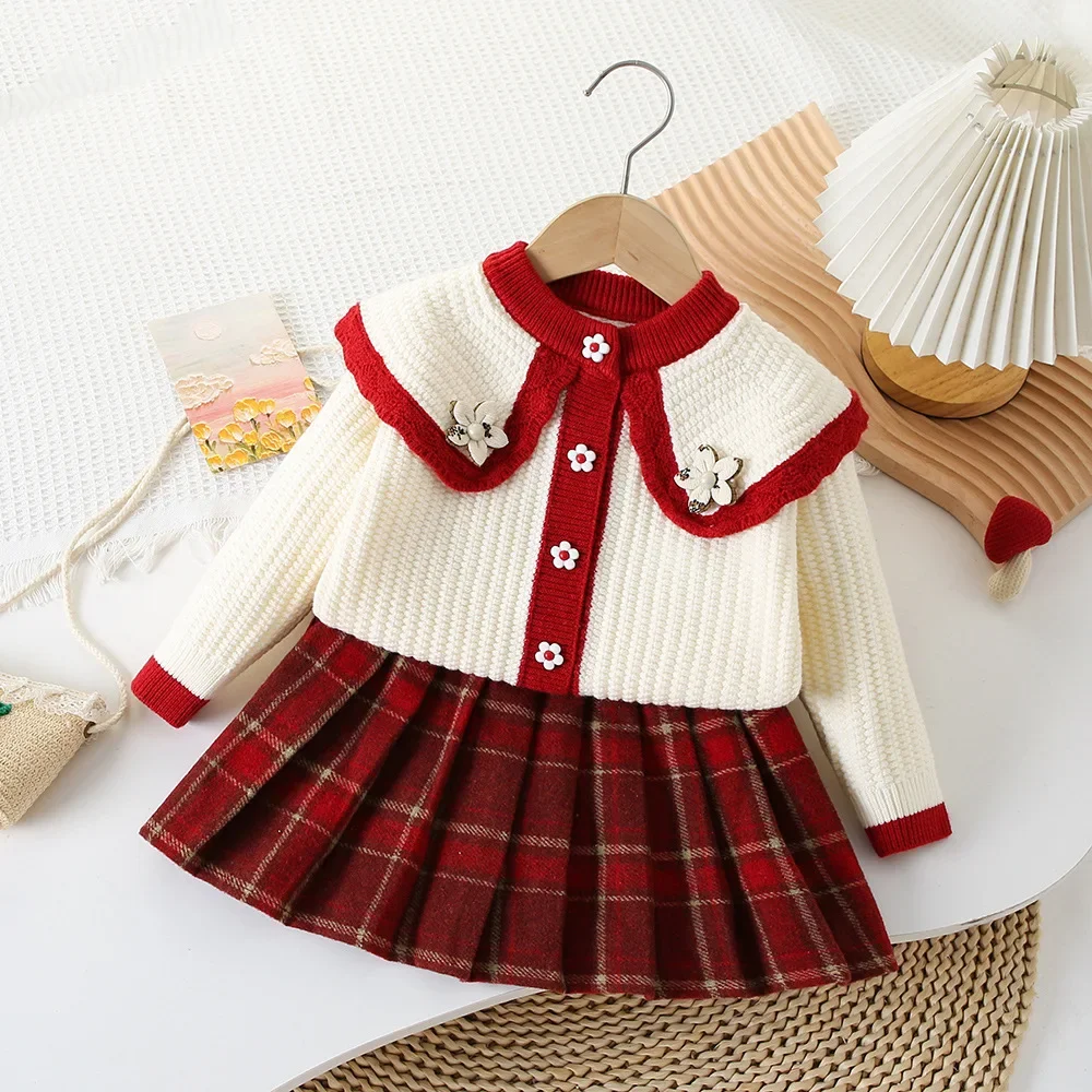 Girls\' Knitted Two-piece Set Flower Golilla Knitting Cardigan+tartan Skirt  Baby Girl Winter Clothes  Kids   Knitted Sweater