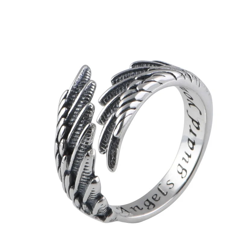 S925 Sterling Silver Feather Wing Open Ring, Vintage Oxidized Thai Silver, Adjustable Band, Unisex Statement Finger Jewelry Gift